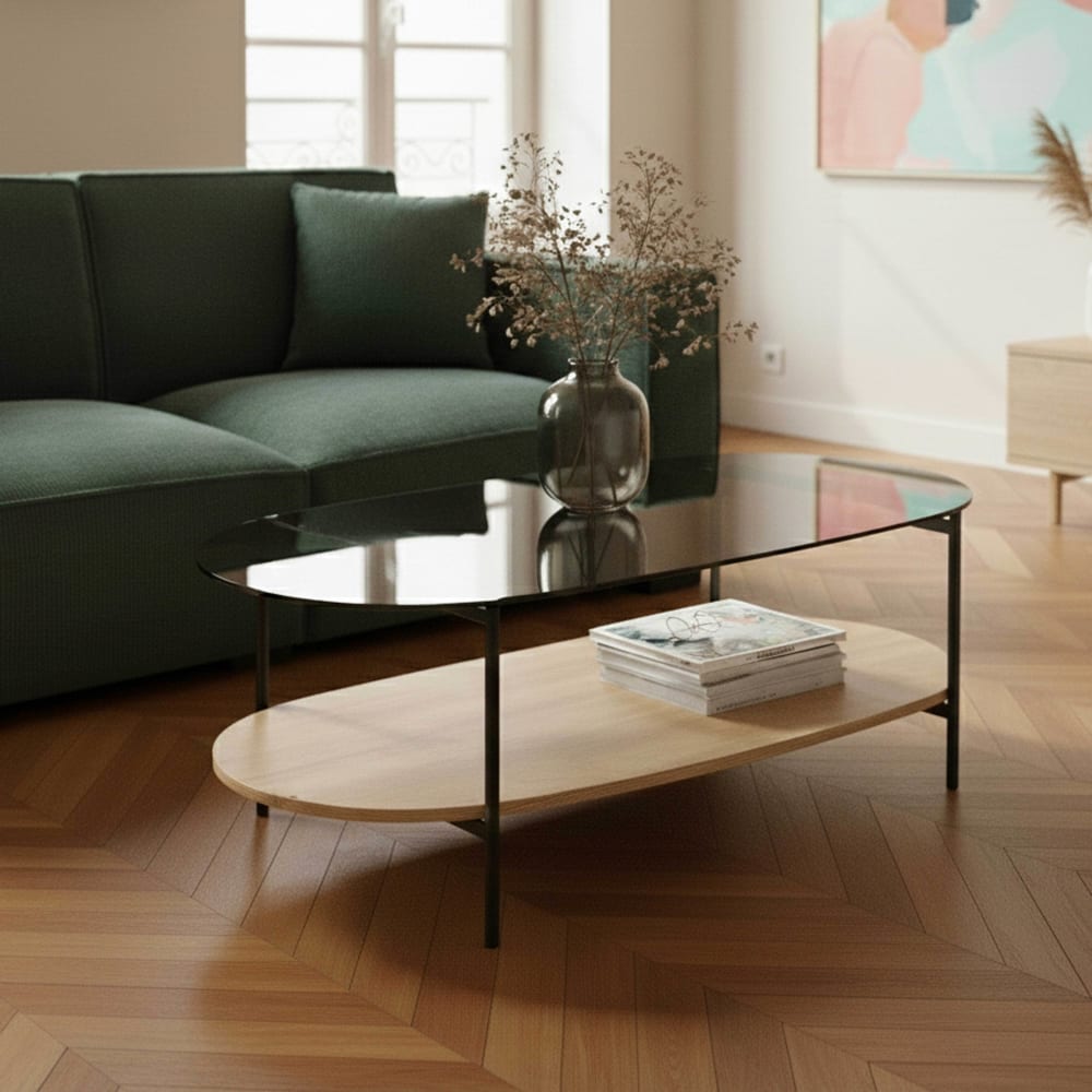 Moderner ovaler Couchtisch L 120 cm aus hellem Holzglas - Maisons