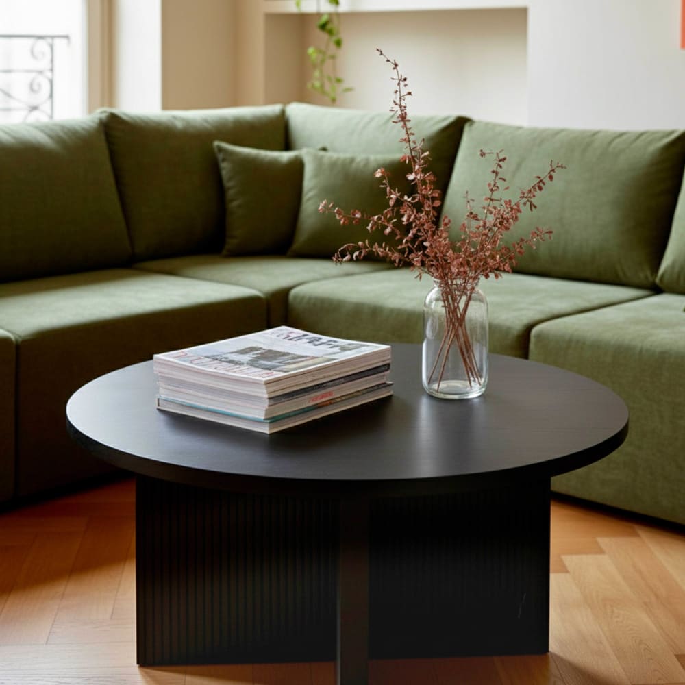 80 cm runder skandinavischer Couchtisch mit schwarzem Holzeffekt