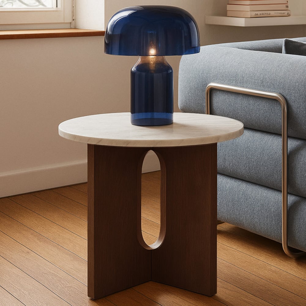 Table basse moderne ronde 50 cm effet marbre bois foncé