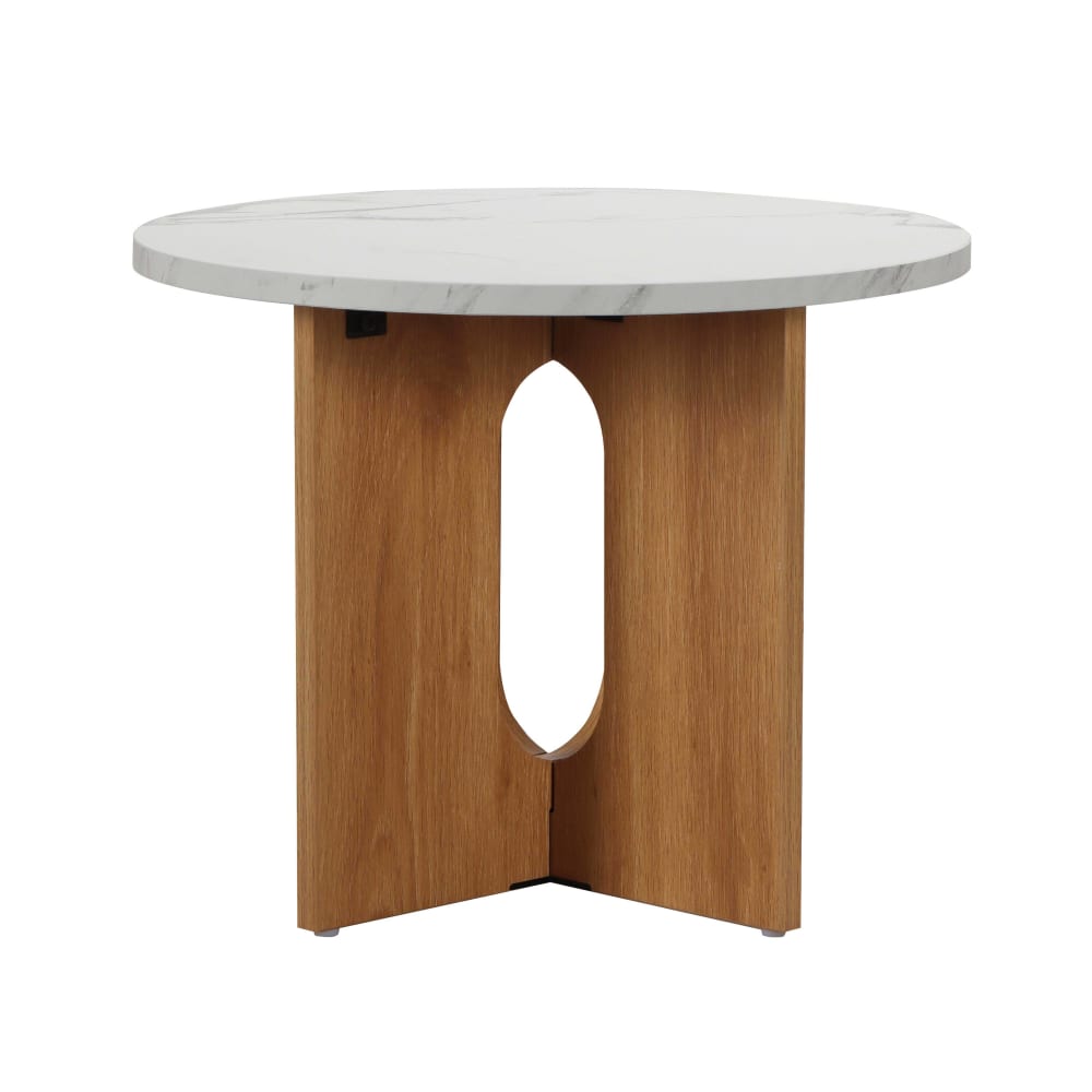Oviala Moderner runder Couchtisch 50 cm Marmoreffekt helles Holz Beige Holz