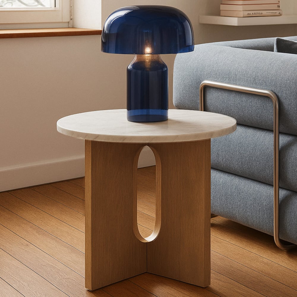 Moderner runder Couchtisch 50 cm Marmoreffekt helles Holz -