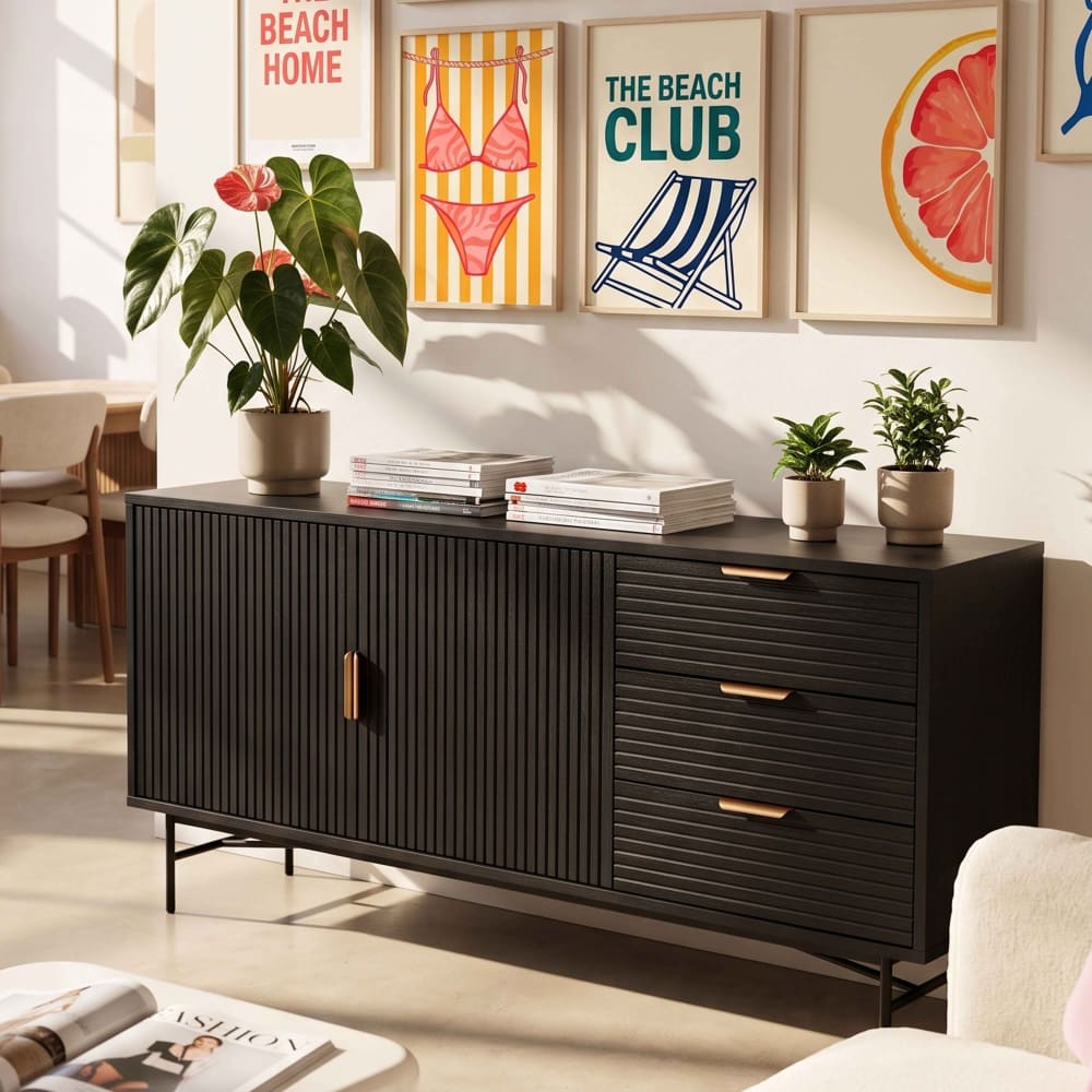 Sideboard 2 Türen und 3 Schubladen aus Melamin und Stahl 160cm