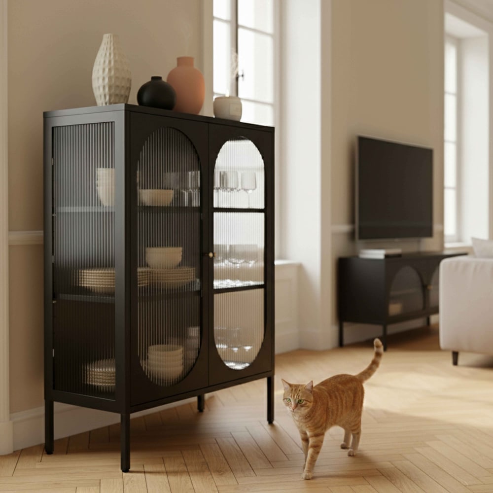 Modernes 2-türiges Sideboard 80 cm aus Metall und schwarzem Glas