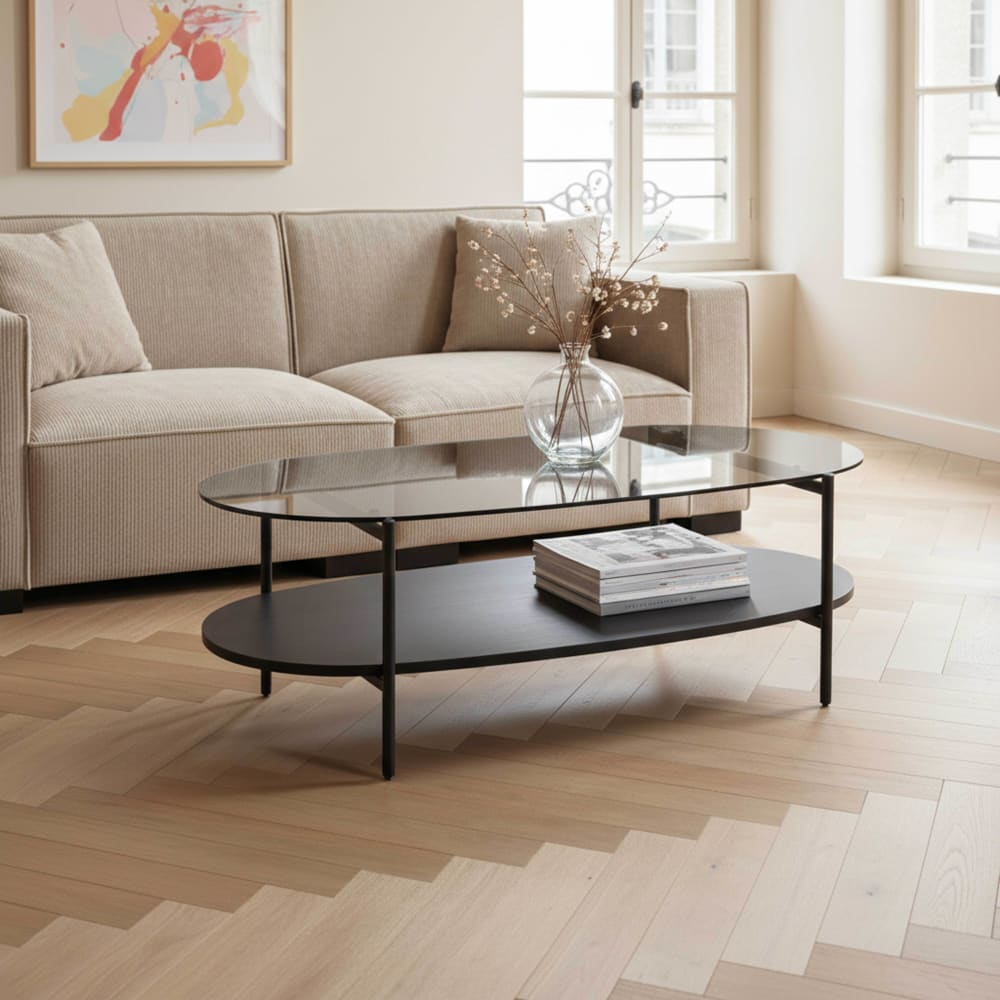 Table basse moderne ovale L 120 cm en verre bois noir