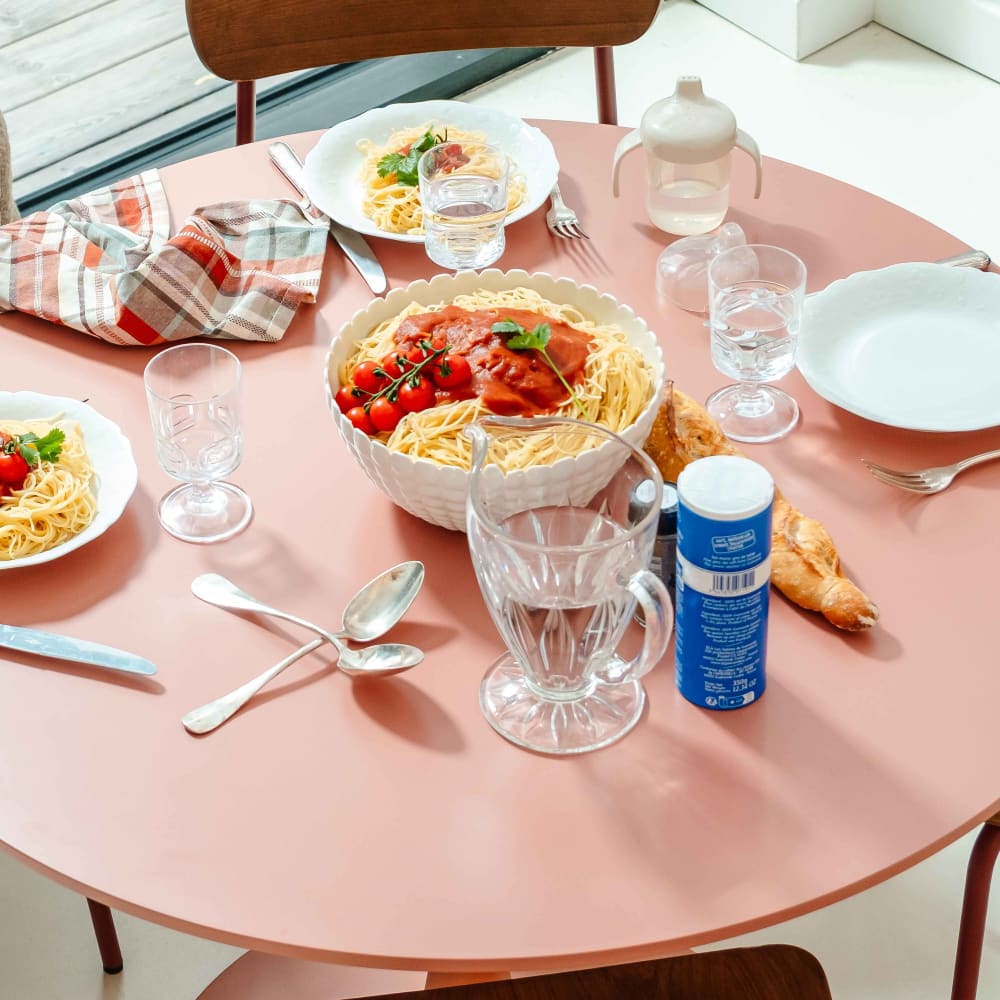 Runder Esstisch für 4 Personen, 100 cm Durchmesser, lachsrosa -