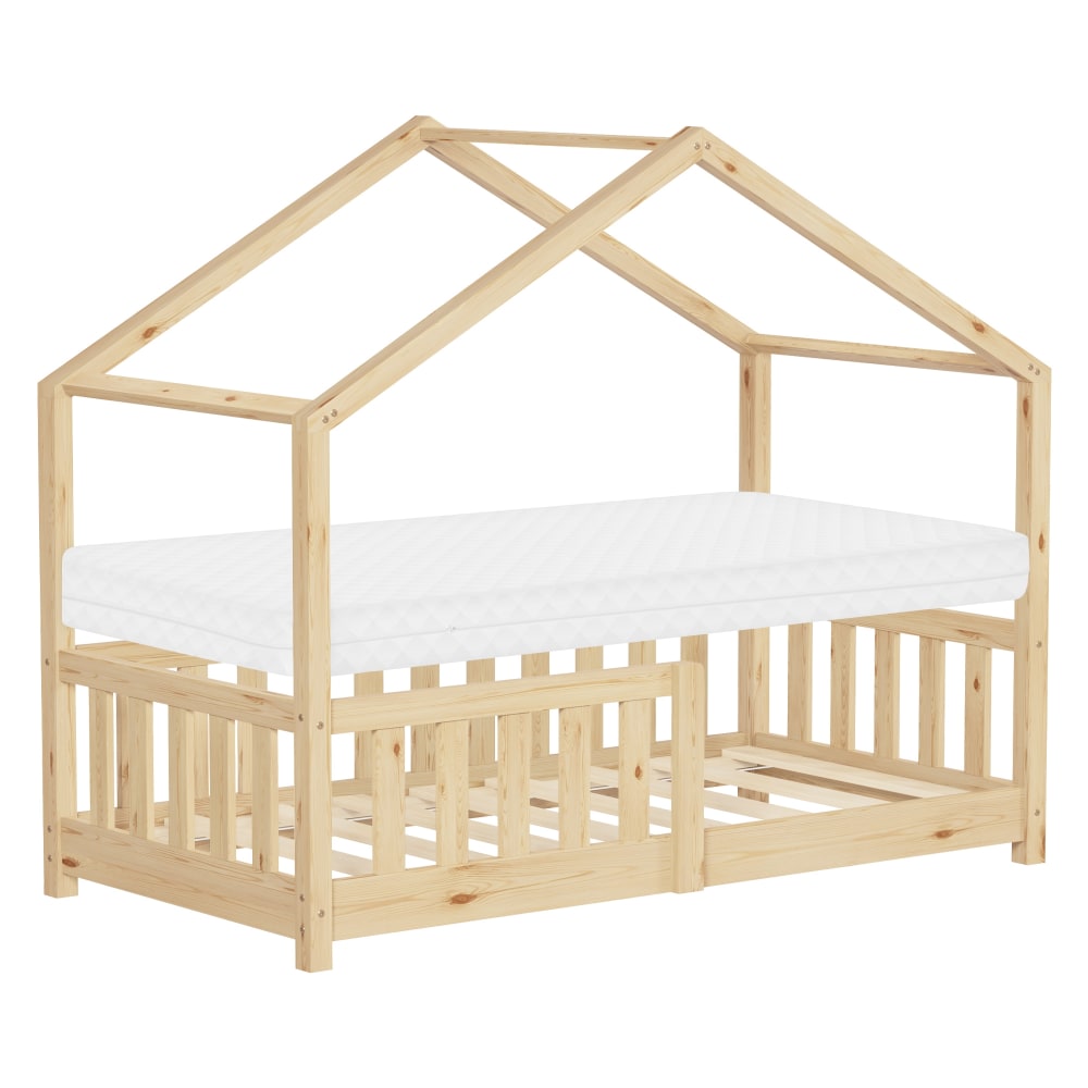 Lit cabane enfant 70x140 cm sommier matelas et barrière inclus beige