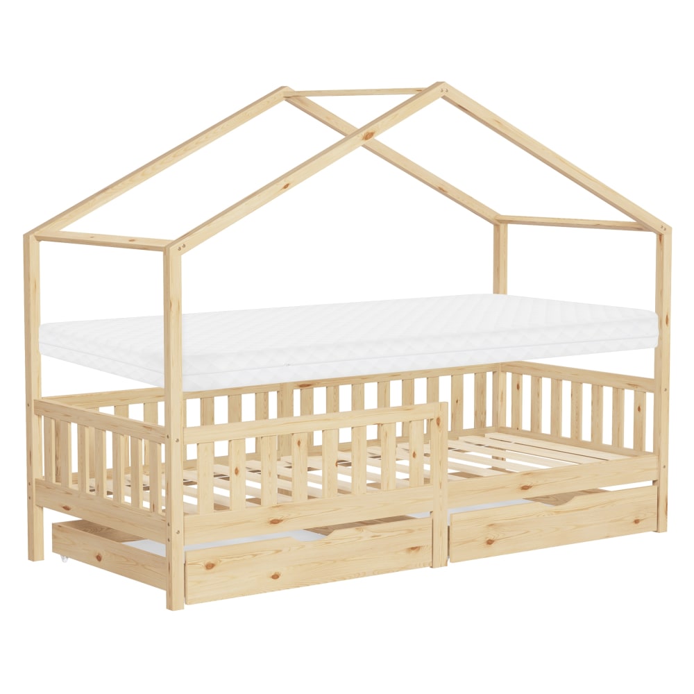 Lit cabane enfant 2 tiroirs 90x200 cm matelas et barrière inclus beige