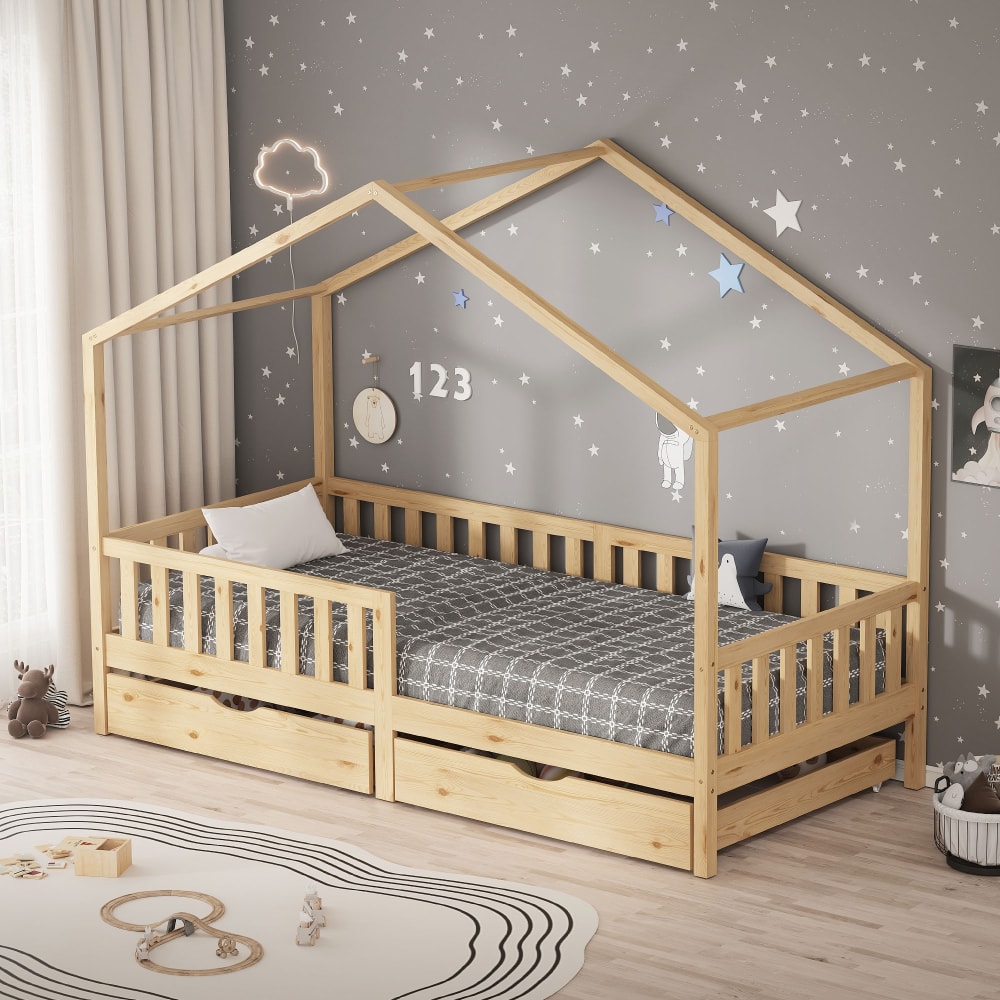 Hausbett mit Matratze 90x200 cm und 2 Schubladen Natur aus