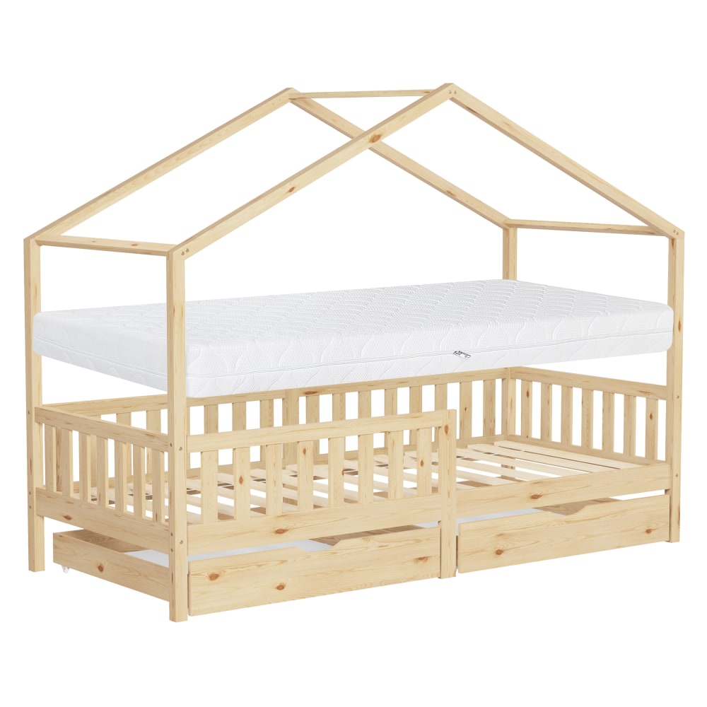 Lit cabane enfant 2 tiroirs 90x200 cm matelas et barrière inclus beige