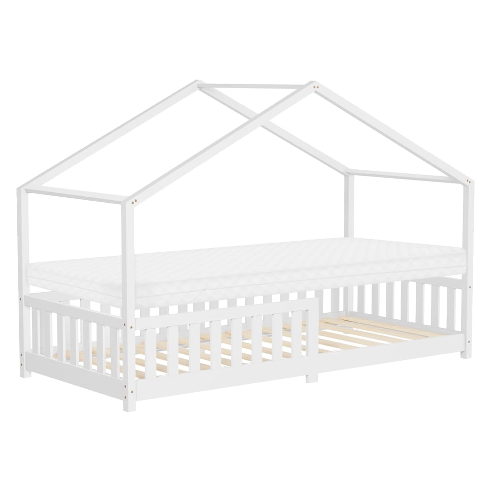Lit cabane enfant 90x200 cm sommier matelas et barrière inclus blanc