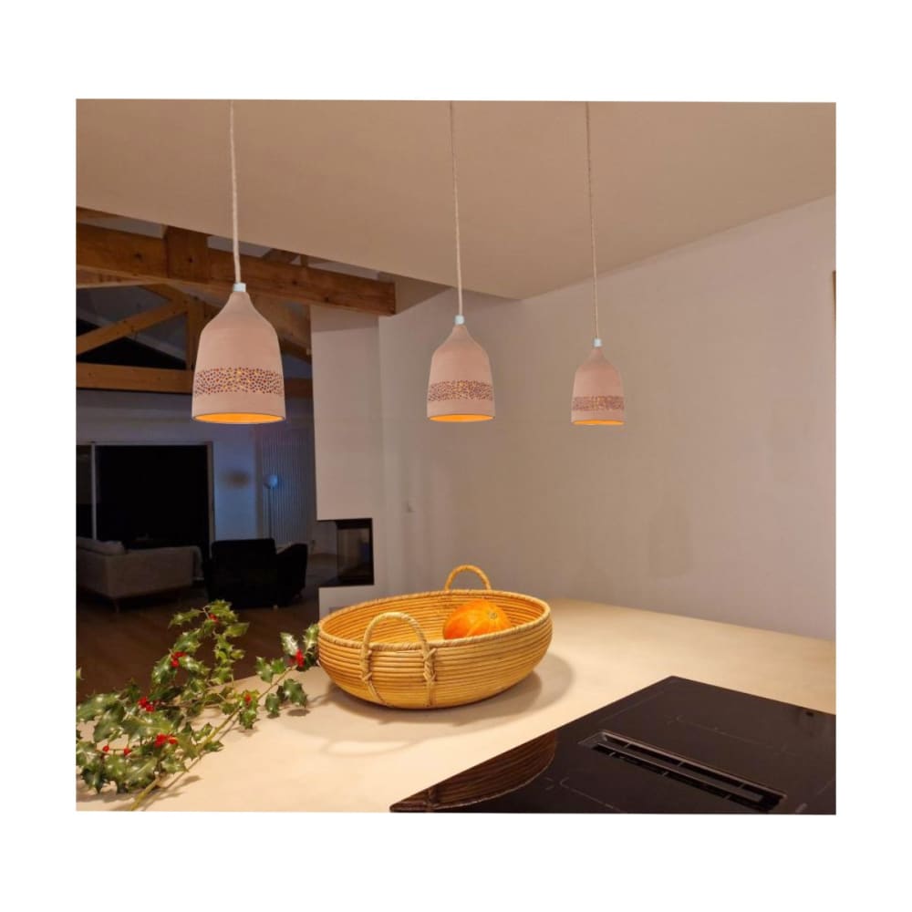 Suspension en terre cuite motif sara avec câble textile lin d.14cm — vue 3