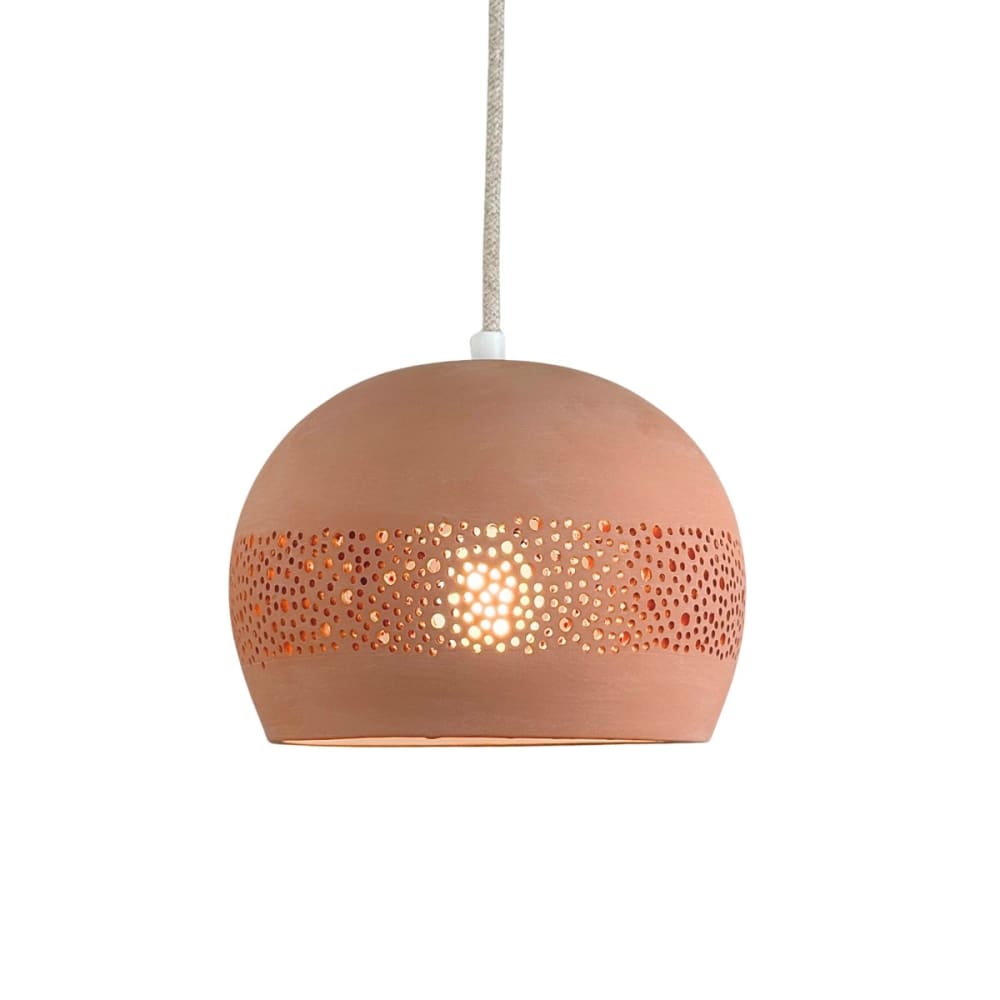 Suspension en terre cuite motif Sara avec câble textile lin D.21cm