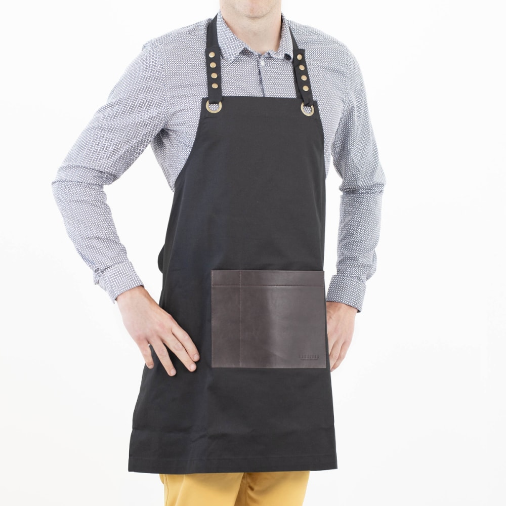 Tablier en tissu noir avec poche en simili cuir marron - Maisons du Monde