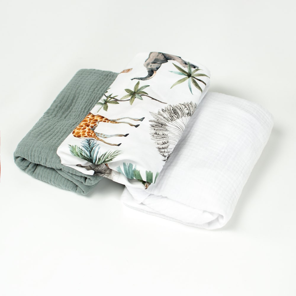 Lot de 3 draps housse couffin bébé gaze de coton Vert 70x30 cm