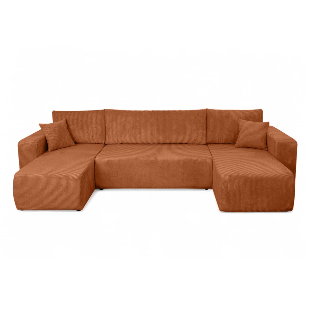 Canapé d'angle panoramique convertible 6pl velours côtelé terracotta