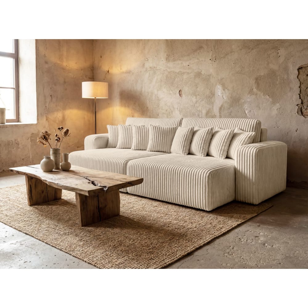 Canapé droit  4 places double méridienne velours côtelé épais beige