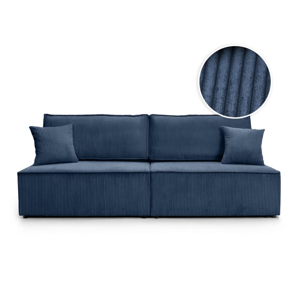 Canapé convertible 3 places sans accoudoirs en velours côtelé bleu