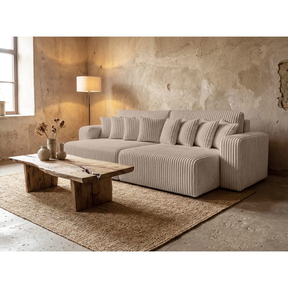 Canapé droit  4 places double méridienne velours côtelé épais taupe