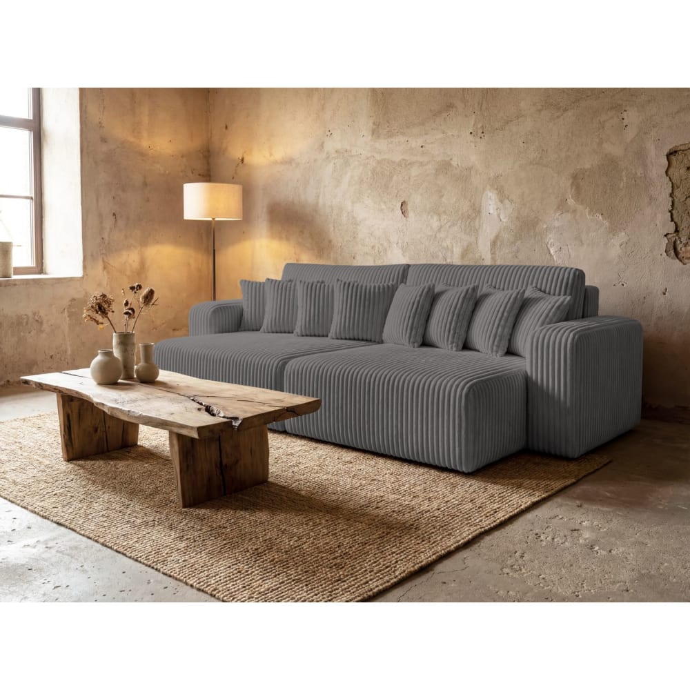 Canapé droit  4 places double méridienne velours côtelé épais gris