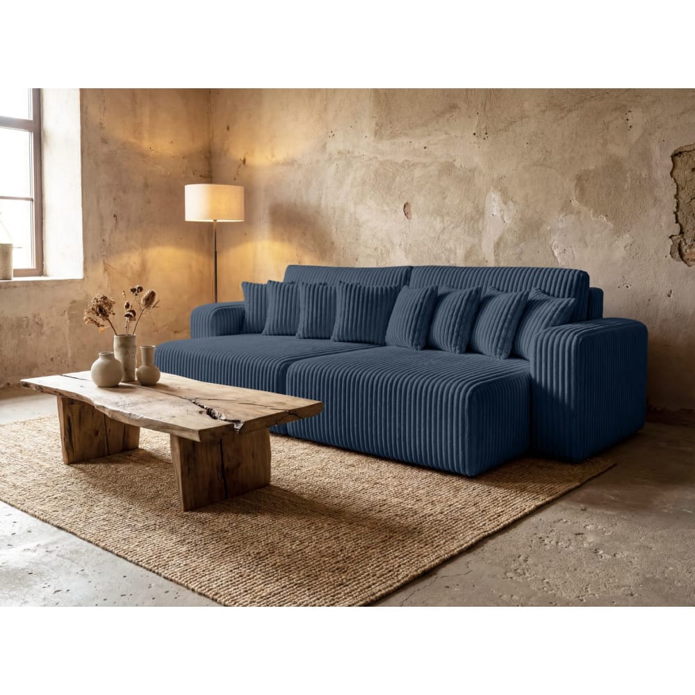 Canapé droit  4 places double méridienne velours côtelé épais bleu