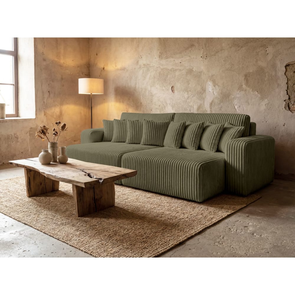 Canapé droit  4 places double méridienne velours côtelé épais vert