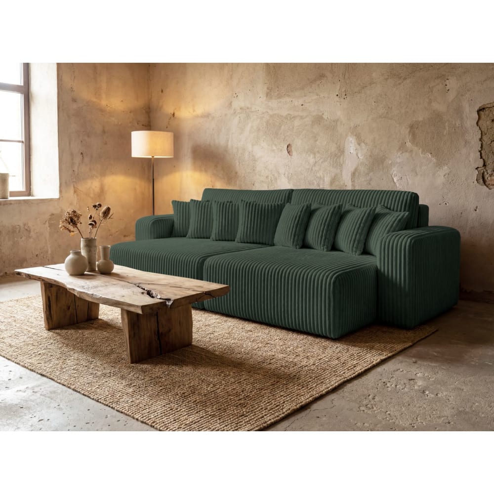 Canapé droit  4 places double méridienne velours côtelé épais vert