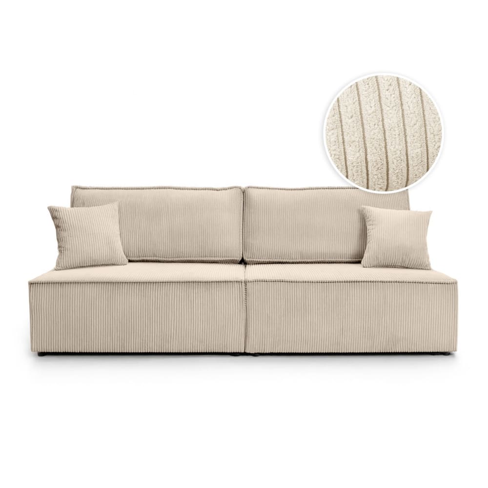 Canapé convertible 3 places sans accoudoirs en velours côtelé beige