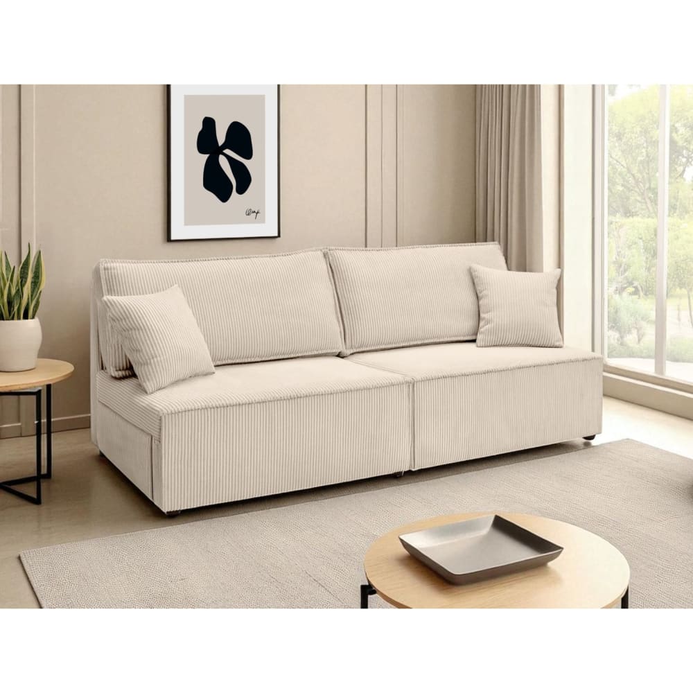 Canapé convertible 3 places sans accoudoirs en velours côtelé beige