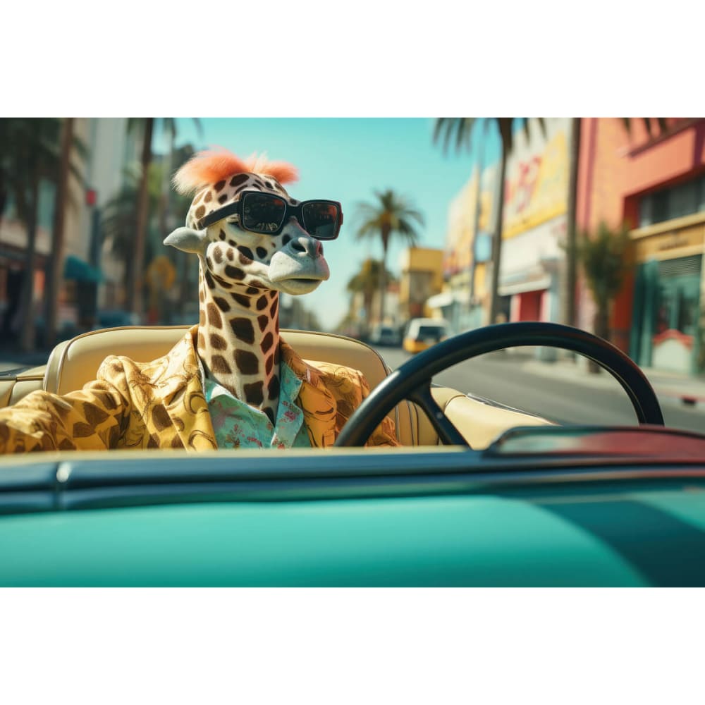 Tableau sur verre synthétique girafe au volant 65x97