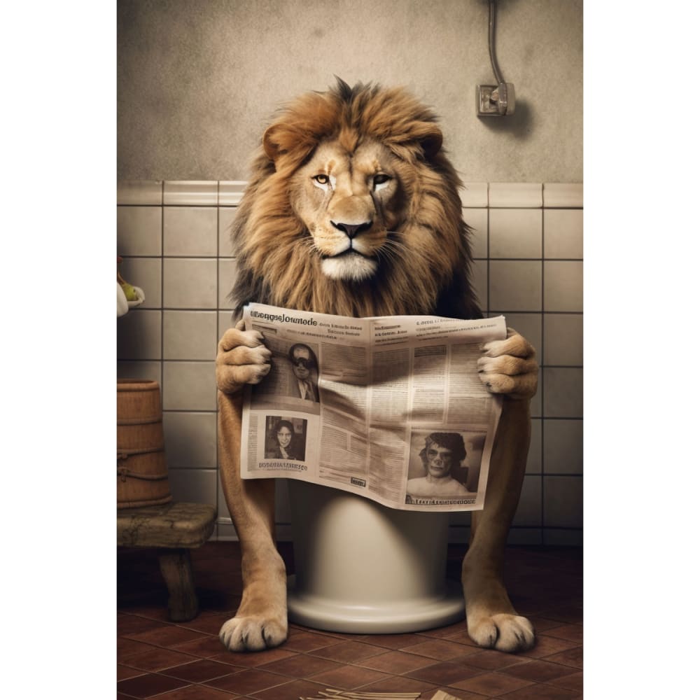 Tableau sur toile Lion sur les toilettes avec journal 30x45