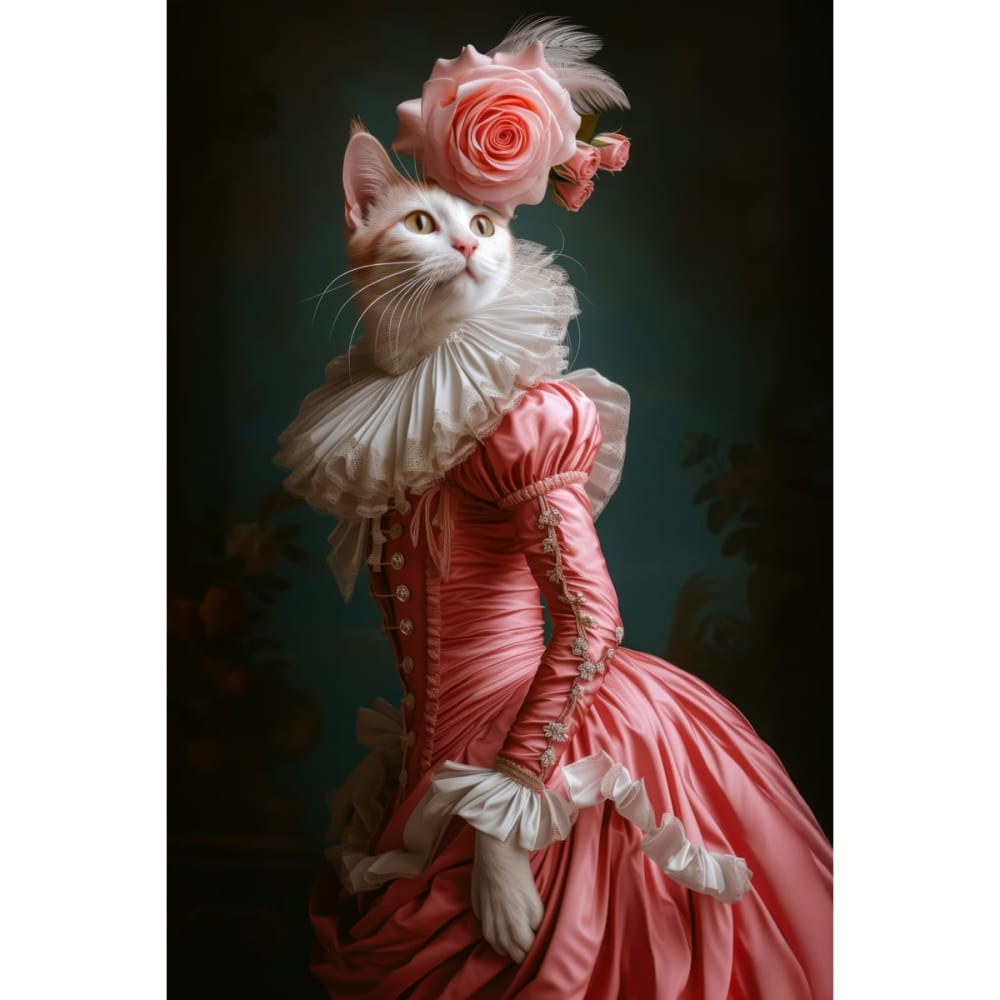 Tableau sur toile Chat en robe rose style rococo 30x45