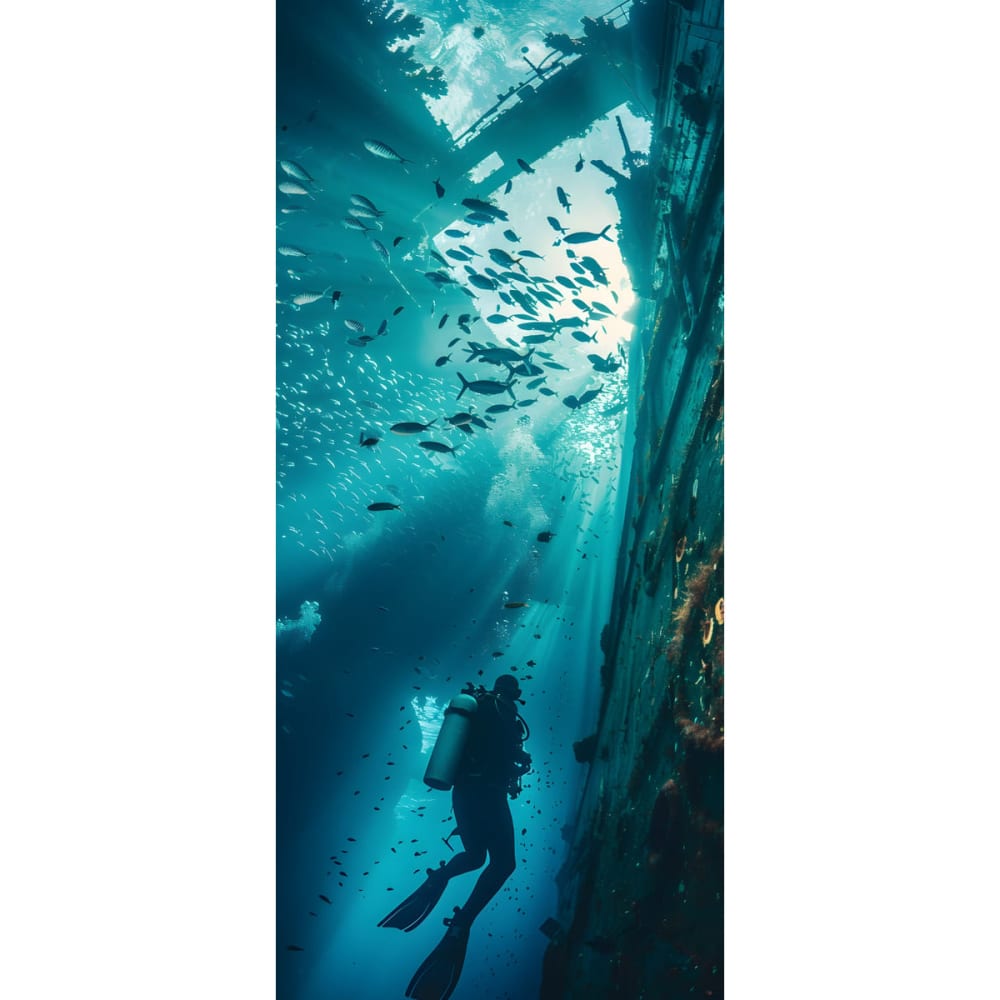 Tableau sur verre synthétique plongeur et épave 65x145