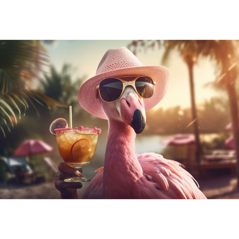Tableau sur toile Flamant rose chic avec cocktail 45x65