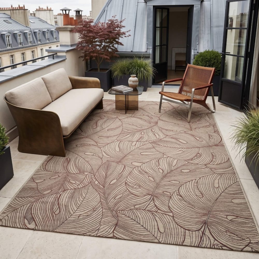 Tapis extérieur intérieur tissé beige motif feuillage 123x180 — vue 3