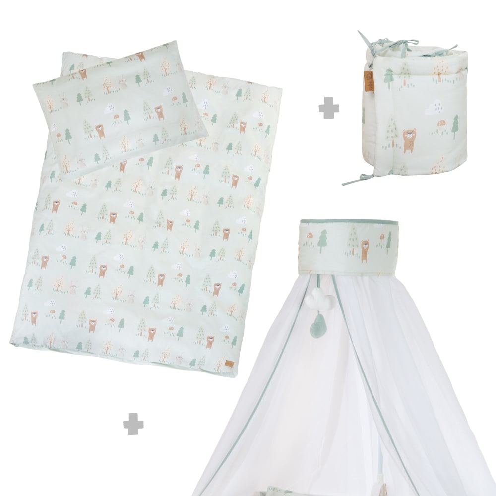 Parure de lit bébé 4 pièces en coton vert pastel thème forêt