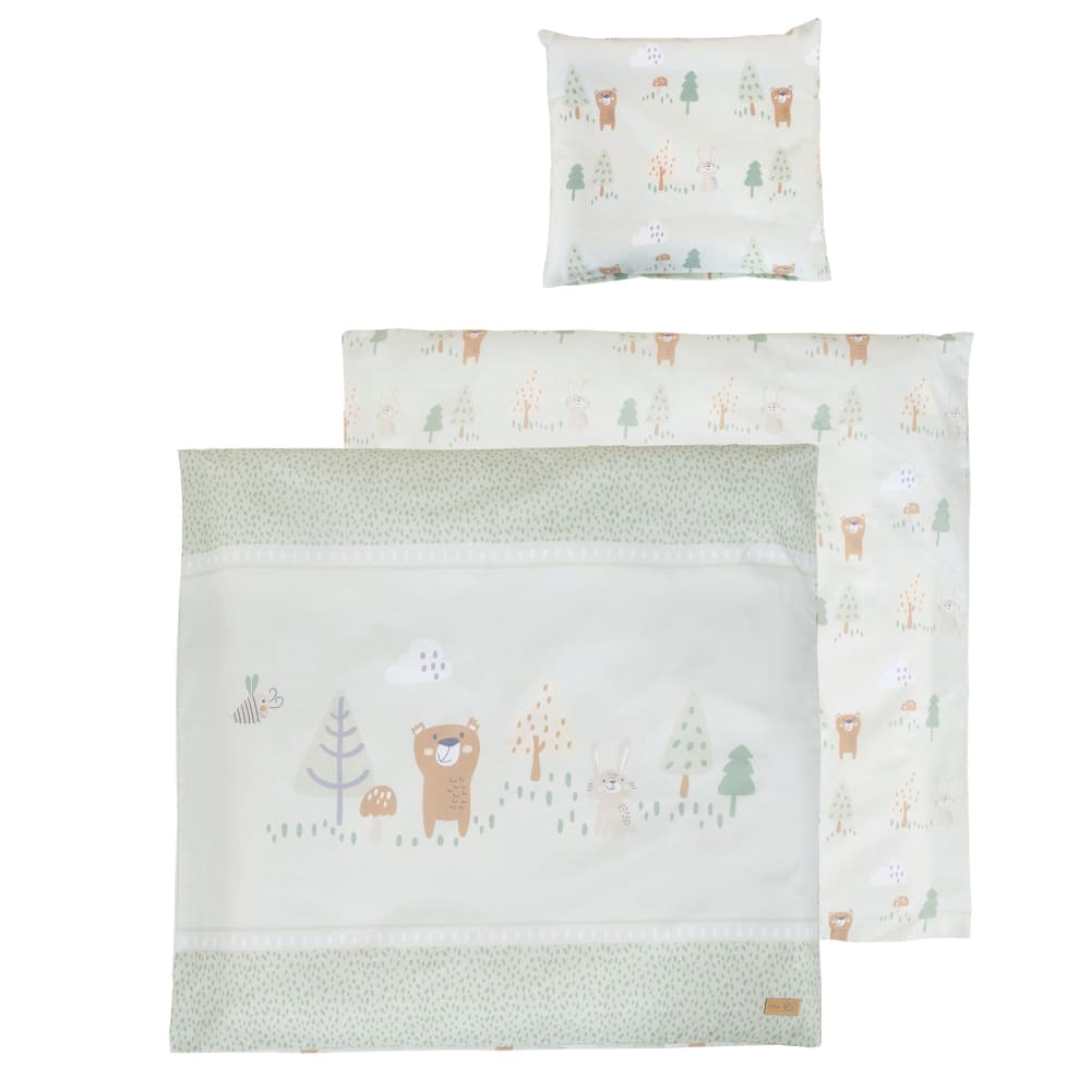 Parure de berceau réversible 100% coton vert pastel thème forêt Parure de berceau réversible 100% coton vert pastel thème forêt