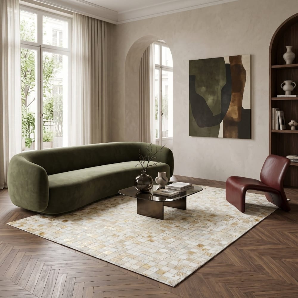 The Deco Factory Teppich aus echtem Leder Weiß und Gold 120x170 style modern Weiß Leder