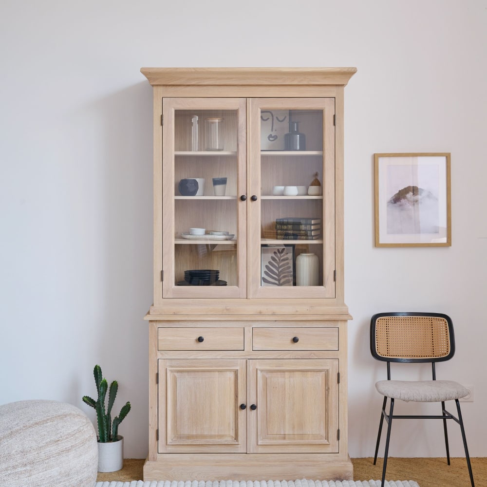 Vaisselier en chêne blanchi 2 portes vitrées 2 tiroirs 2 portes bois
