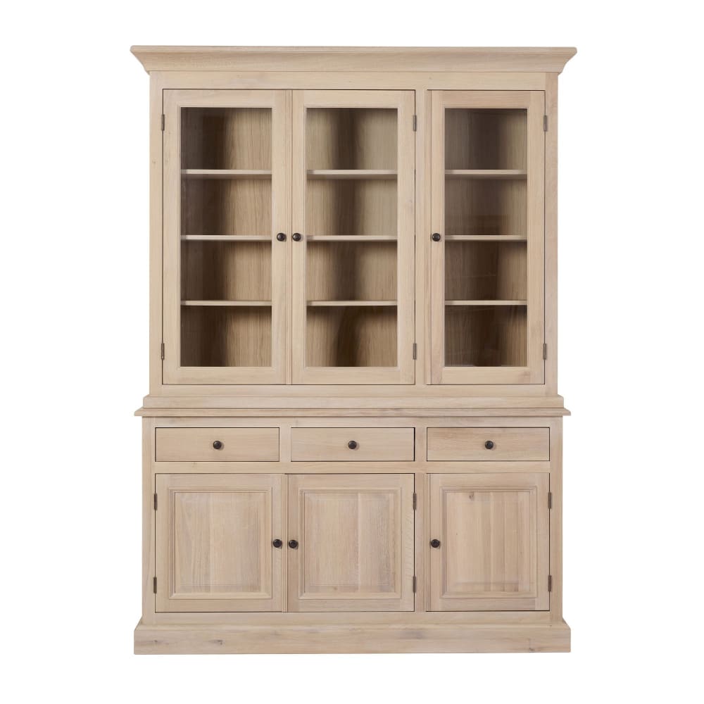 Vaisselier en chêne blanchi 3 portes vitrées 3 tiroirs 3 portes bois