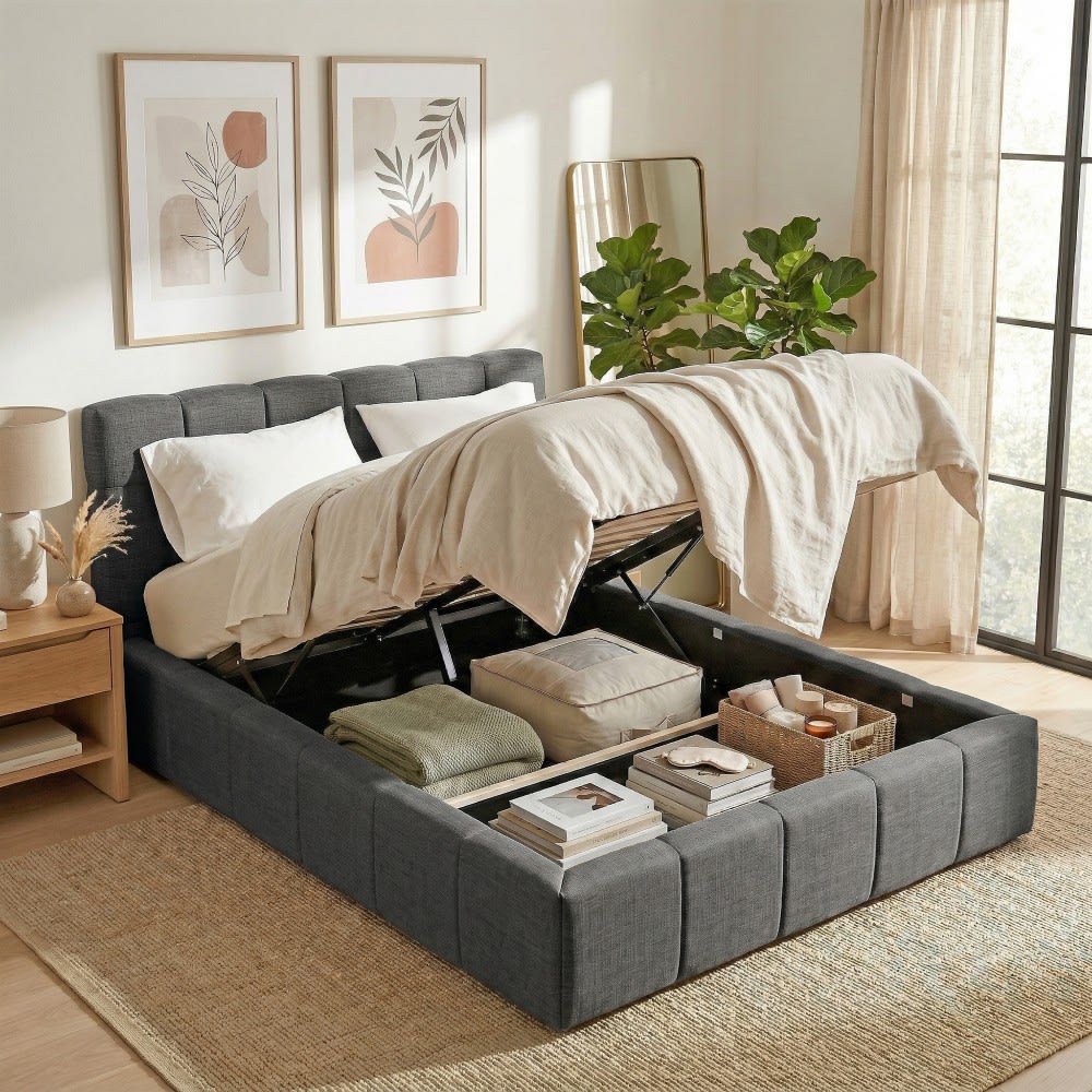 Lit coffre capitonné en tissu gris foncé 160x200 cm
