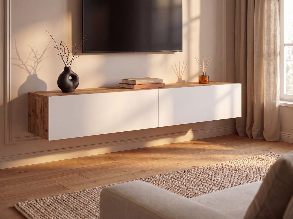 Meuble tv suspendu panneau de particule naturel clair