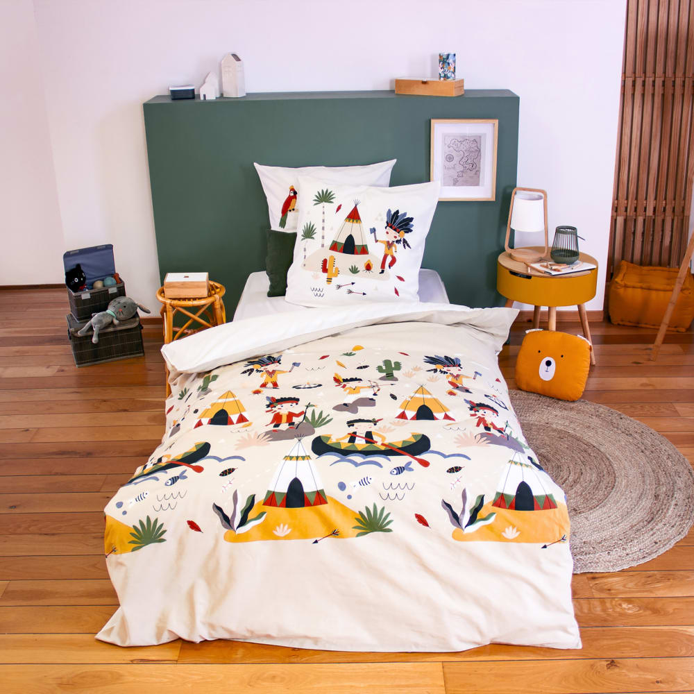 Parure de lit enfant réversible pirates / indiens coton beige 200 x