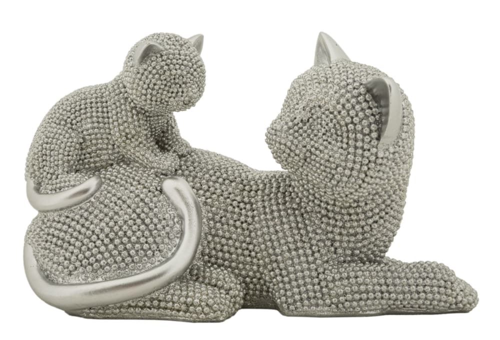 Katze Mit Welpe Aus Silbernem Kunstharz, 19 X 9 X 13 Cm