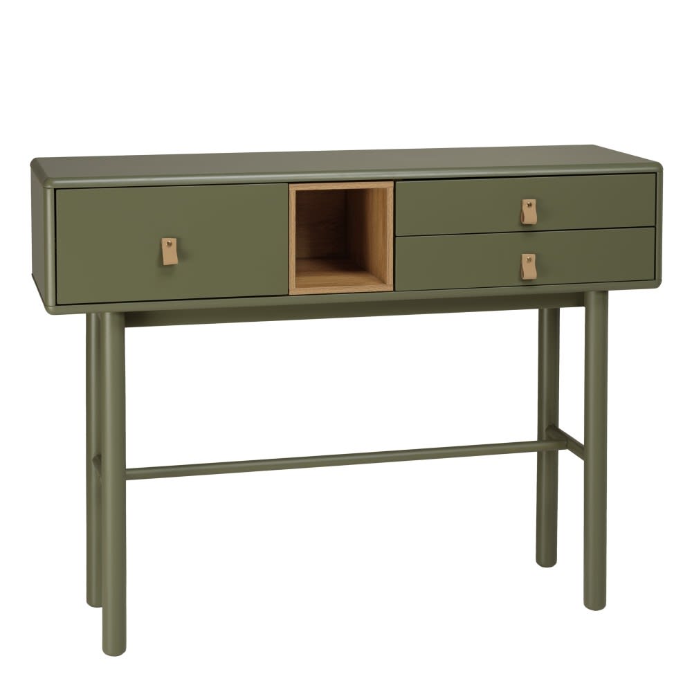Console verte 3 tiroirs et 1 niche en bois naturel