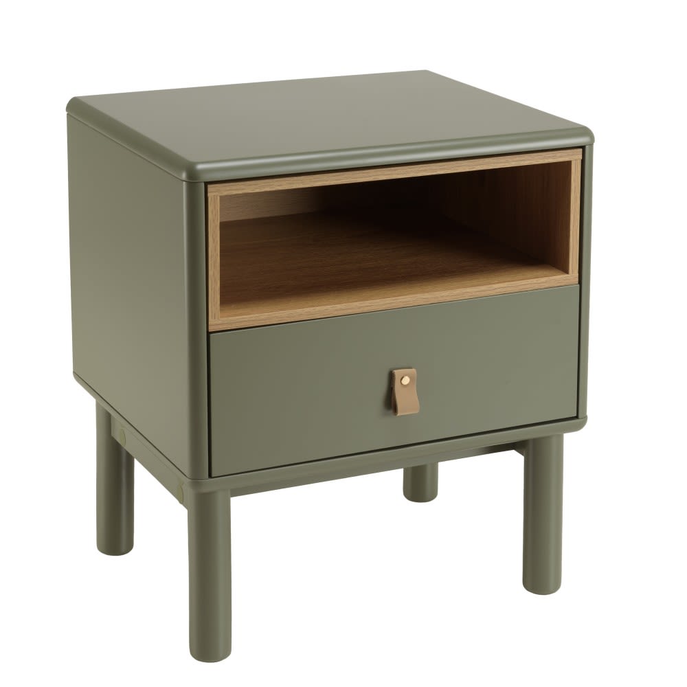 Chevet vert 1 tiroir et 1 niche en bois naturel