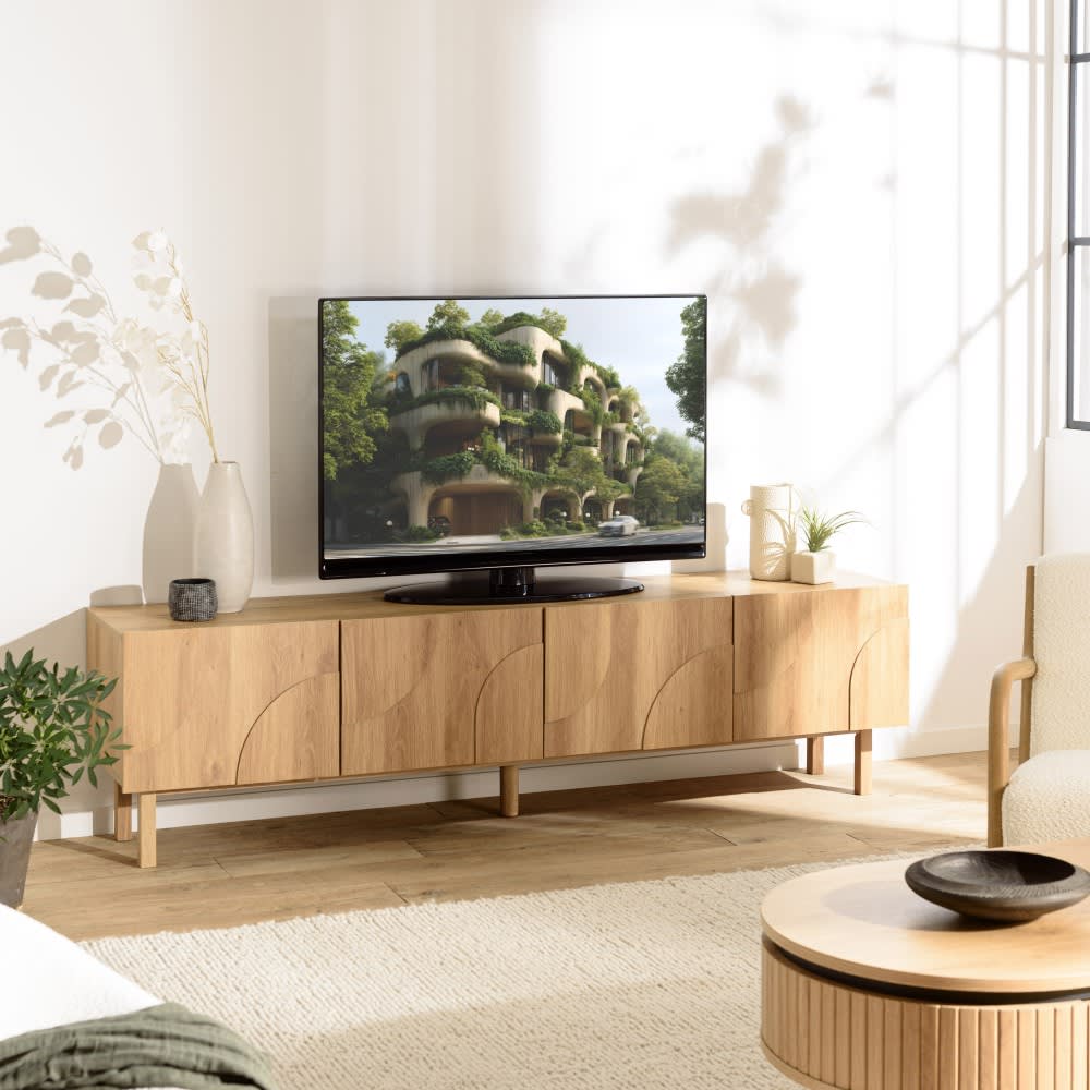 Meuble TV couleur naturelle 4 portes décor motif arrondi