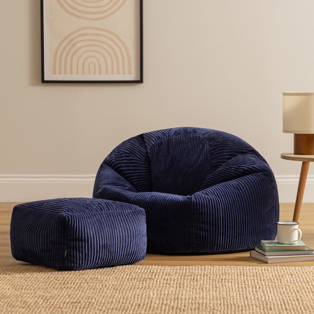 Pouf avec repose-pied carré velours côtelé bleu marine