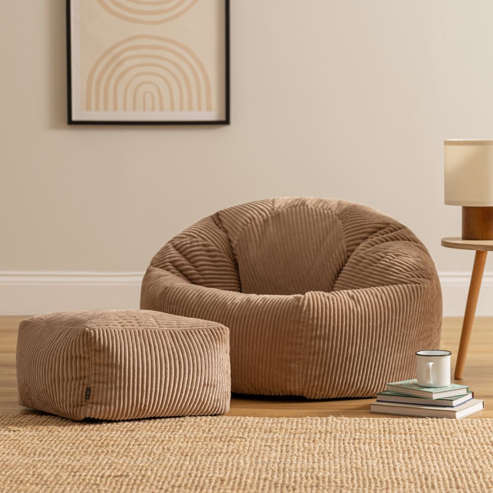 Pouf avec repose-pied carré velours côtelé brun moka