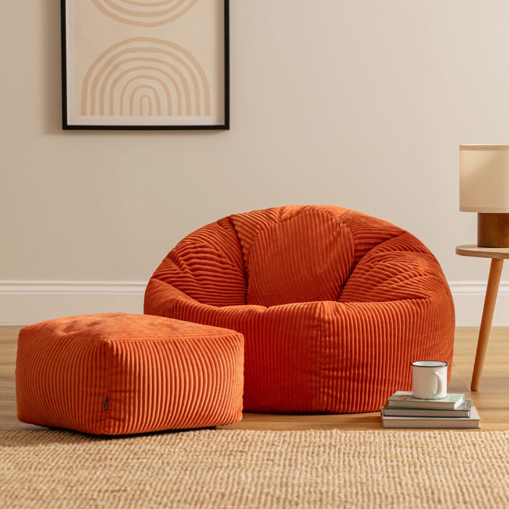 Pouf avec repose-pied carré velours côtelé orange terracotta