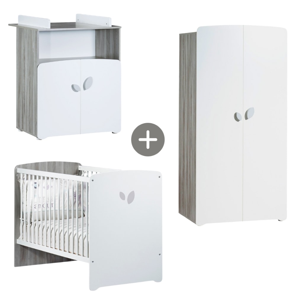 Chambre trio lit, Commode à langer et Armoire en bois blanc